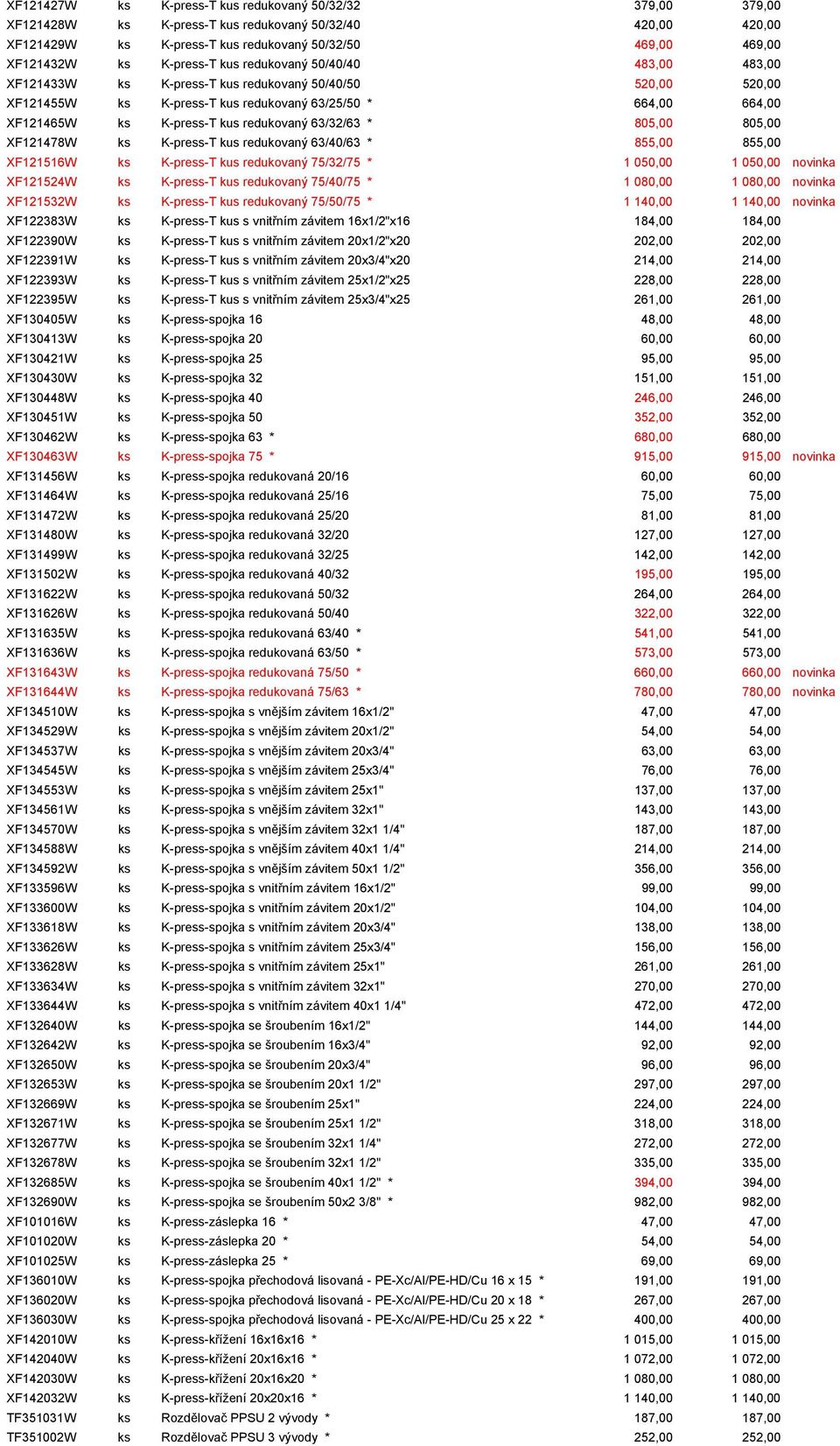 redukovaný 63/32/63 * 805,00 805,00 XF121478W ks K-press-T kus redukovaný 63/40/63 * 855,00 855,00 XF121516W ks K-press-T kus redukovaný 75/32/75 * 1 050,00 1 050,00 novinka XF121524W ks K-press-T