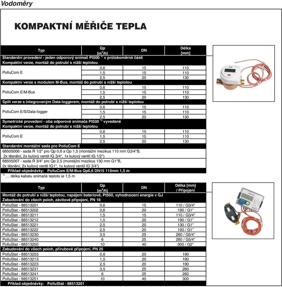 15 110 PolluCom E/S/Data-logger 1,5 15 110 2,5 20 130 Symetrické provedení - oba odporové snímače Pt500 1) vyvedené Kompaktní verze, montáž do potrubí s nižší teplotou 0,6 15 110 PolluCom E 1,5 15