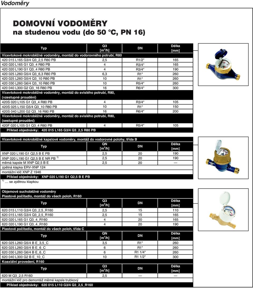 R6/4" 300 Vícevtokové mokroběžné vodoměry, montáž do svislého potrubí, R80, (vzestupné proudění) 420S 020 L105 G1 _4 R80 PB 4 R3/4" 105 420S 025 L150 G5/4 _10 R80 PB 10 R1" 150 420S 040 L200 G2 _16