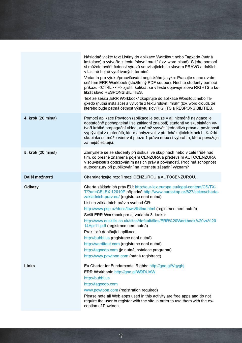 Varianta pro výuku/procvičování anglického jazyka: Pracujte s pracovním sešitem ERR Workbook (stažitelný PDF soubor).