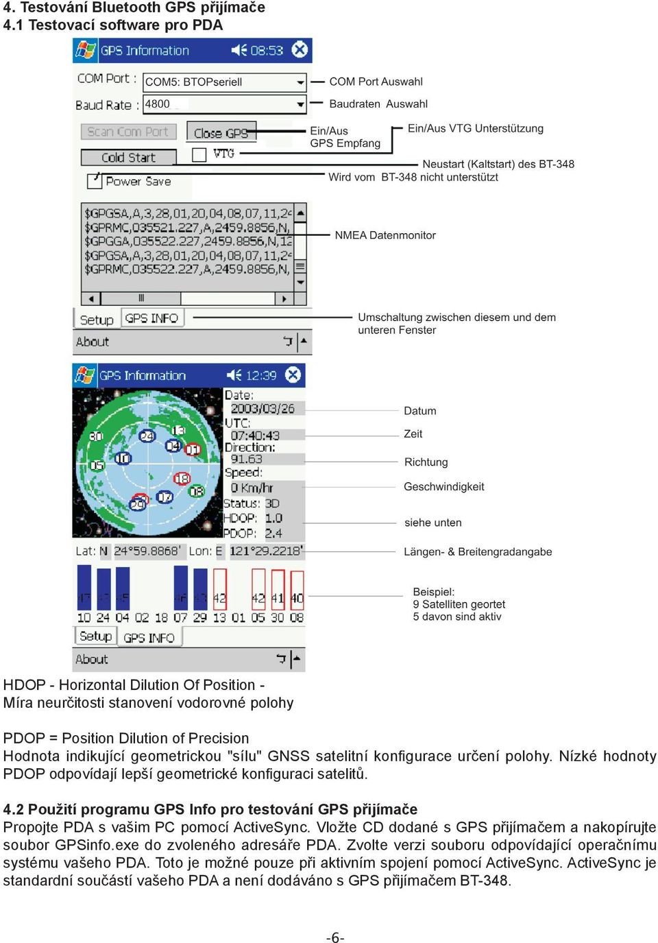 "sílu" GNSS satelitní konfigurace určení polohy. Nízké hodnoty PDOP odpovídají lepší geometrické konfiguraci satelitů. 4.