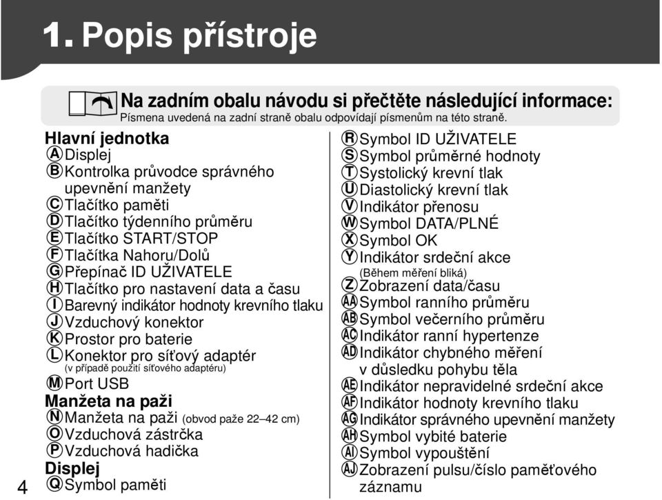 adaptéru) M Port USB Manžeta na paži N O P Manžeta na paži (obvod paže 22 42 cm) Vzduchová zástrčka Vzduchová hadička Displej Q Symbol paměti Na zadním obalu návodu si přečtěte následující informace: