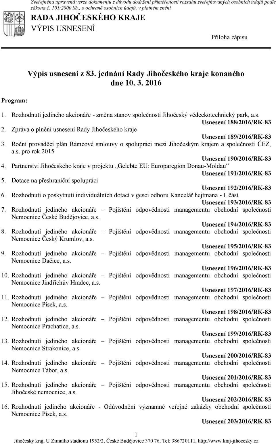 Rozhodnutí jediného akcionáře - změna stanov společnosti Jihočeský vědeckotechnický park, a.s. Usnesení 188/2016/RK-83 2. Zpráva o plnění usnesení Rady Jihočeského kraje Usnesení 189/2016/RK-83 3.