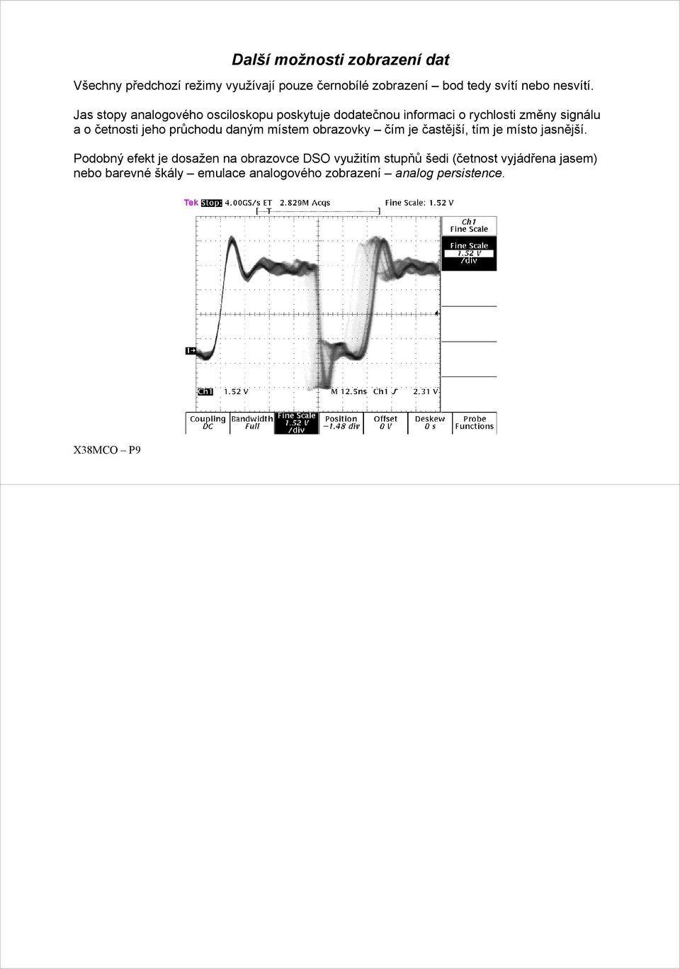 Jas stopy analogového osciloskopu poskytuje dodatečnou informaci o rychlosti změny signálu a o četnosti jeho