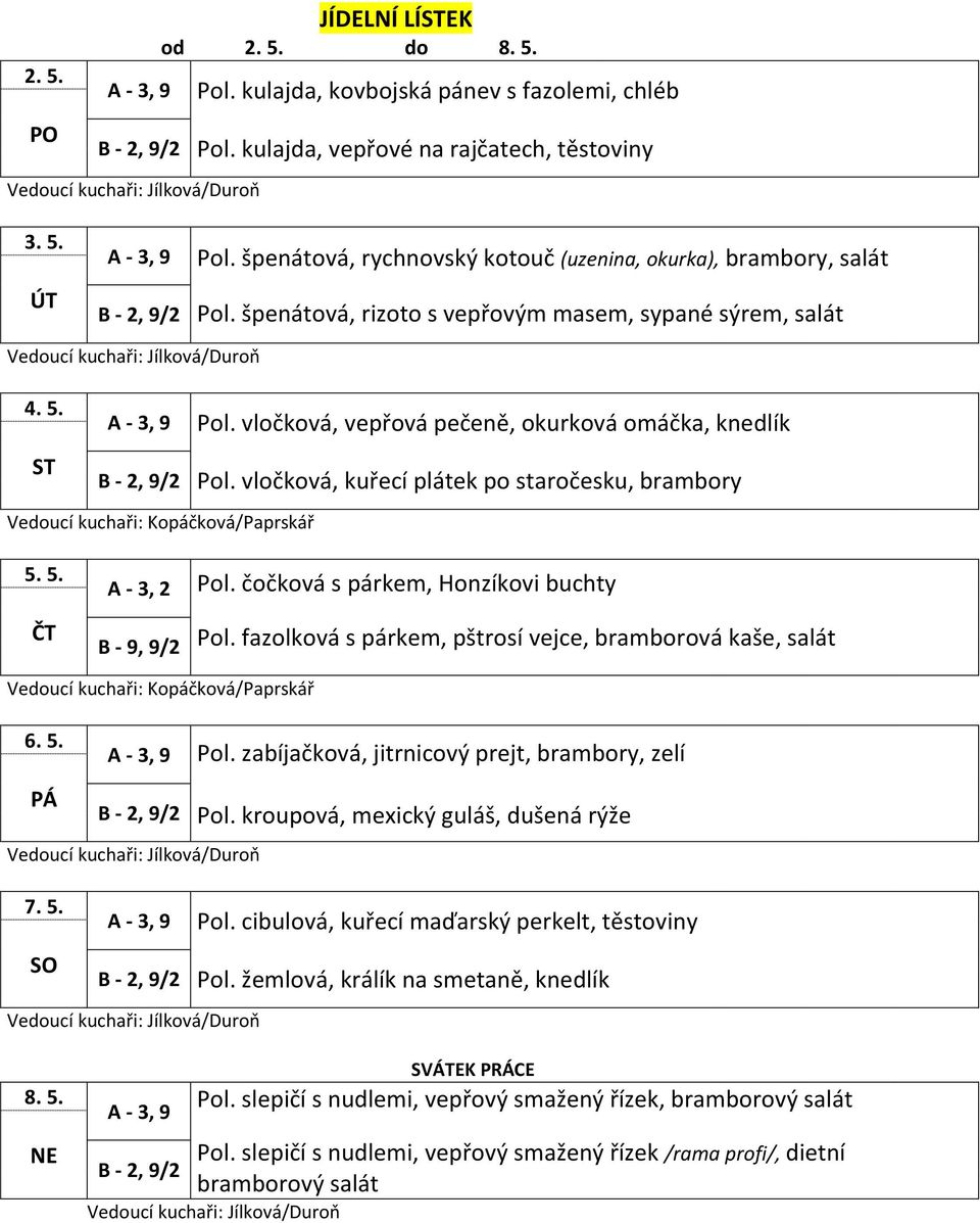 fazolková s párkem, pštrosí vejce, bramborová kaše, salát 6. 5. Pol. zabíjačková, jitrnicový prejt, brambory, zelí Pol. kroupová, mexický guláš, dušená rýže 7. 5. Pol. cibulová, kuřecí maďarský perkelt, těstoviny Pol.