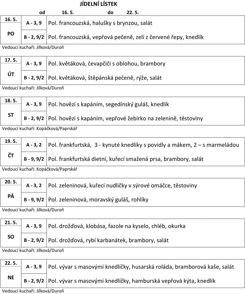 frankfurtská dietní, kuřecí smažená prsa, brambory, salát 20. 5. Pol. zeleninová, kuřecí nudličky v sýrové omáčce, těstoviny Pol. zeleninová, moravský guláš, rohlíky 21. 5. Pol. drožďová, klobása, fazole na kyselo, chléb, okurka Pol.