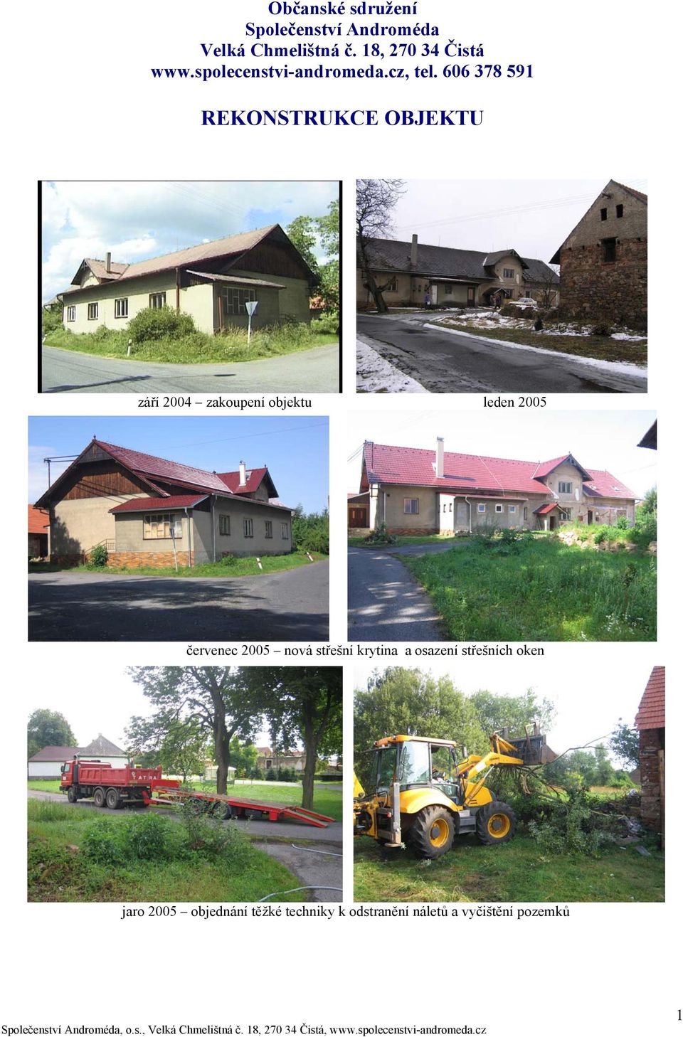 606 378 591 REKONSTRUKCE OBJEKTU září 2004 zakoupení objektu leden 2005 červenec