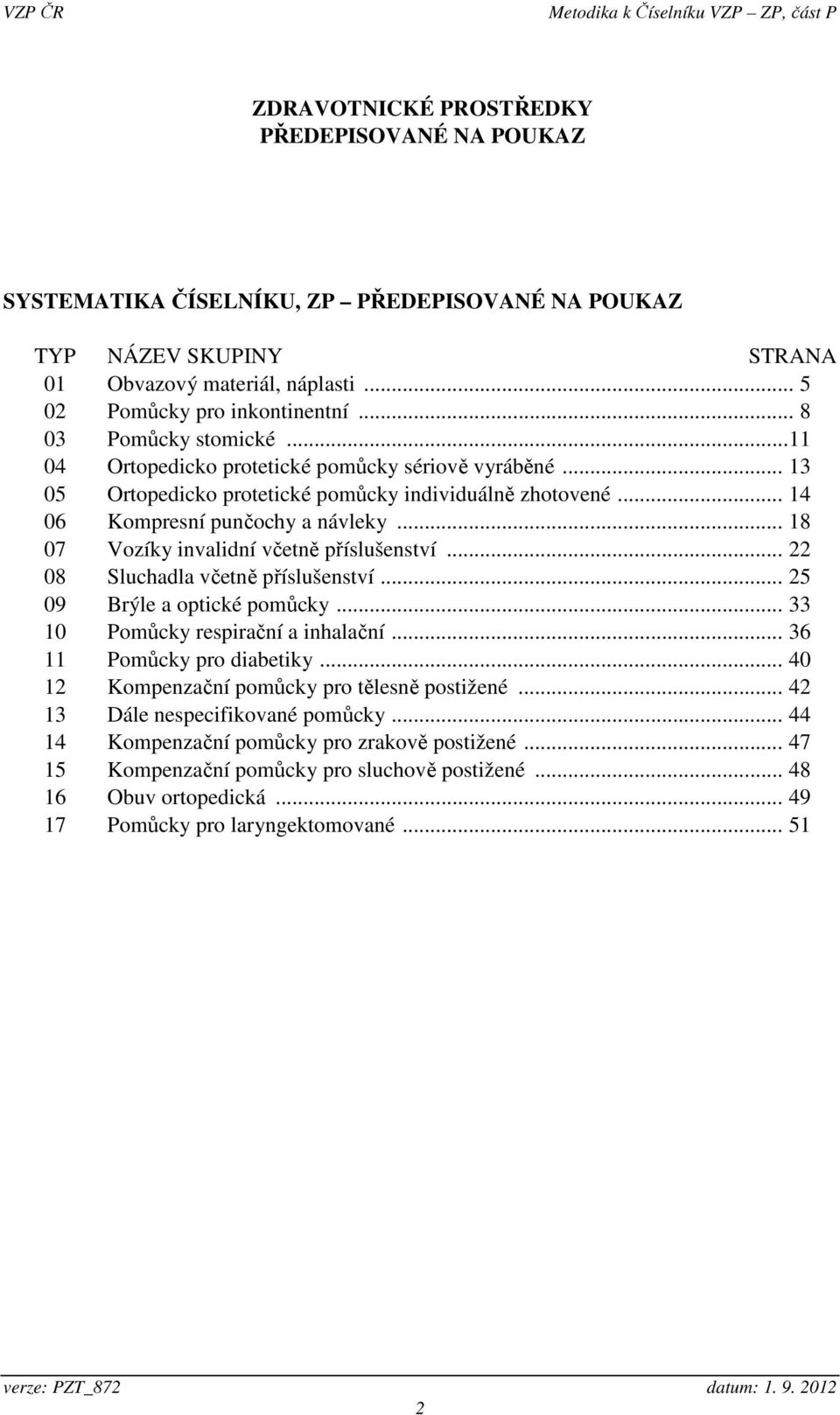 .. 18 07 Vozíky invalidní včetně příslušenství... 22 08 Sluchadla včetně příslušenství... 25 09 Brýle a optické pomůcky... 33 10 Pomůcky respirační a inhalační... 36 11 Pomůcky pro diabetiky.