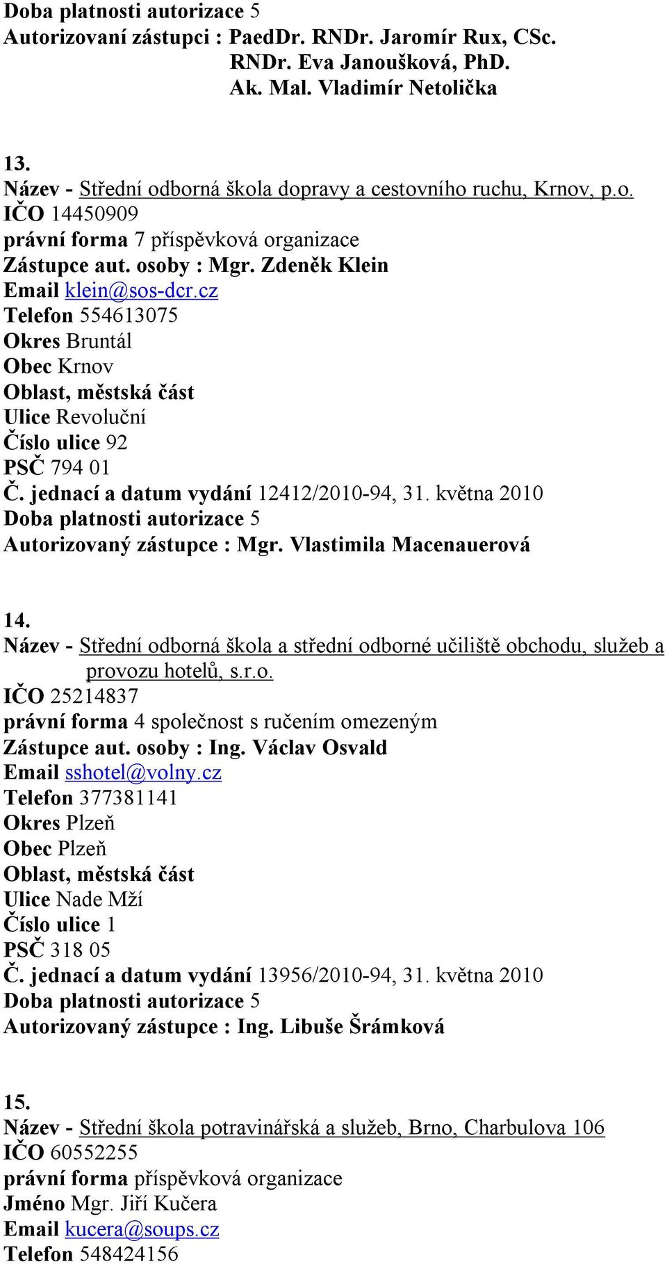 května 2010 Autorizovaný zástupce : Mgr. Vlastimila Macenauerová 14. Název - Střední odborná škola a střední odborné učiliště obchodu, služeb a provozu hotelů, s.r.o. IČO 25214837 právní forma 4 společnost s ručením omezeným Zástupce aut.