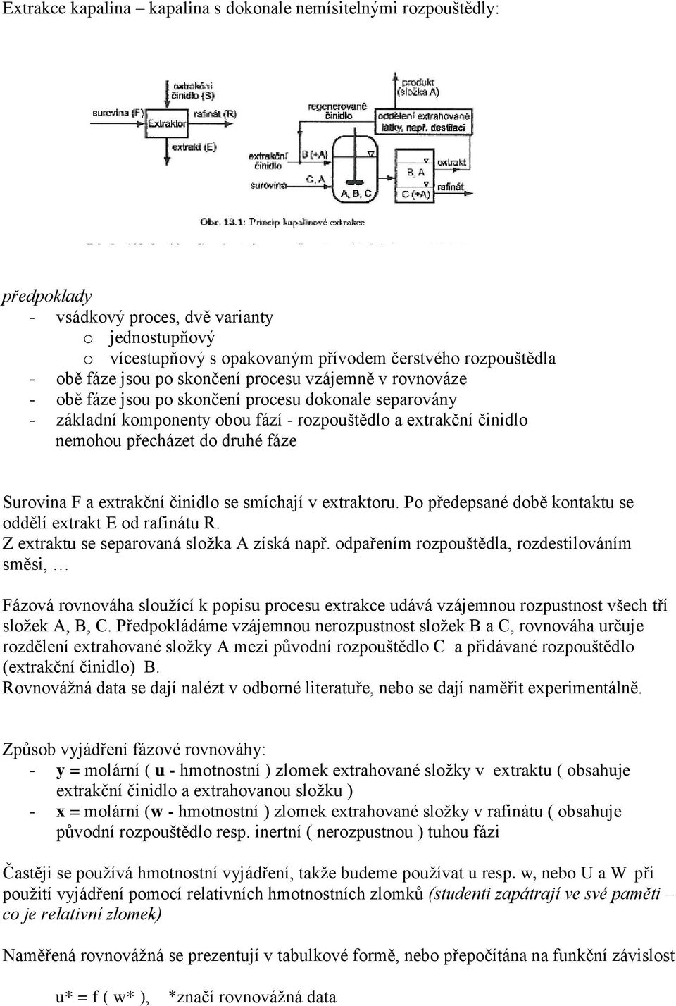 fáze Surovina F a extrakční činidlo se smíchají v extraktoru. Po předepsané době kontaktu se oddělí extrakt E od rafinátu R. Z extraktu se separovaná složka A získá např.
