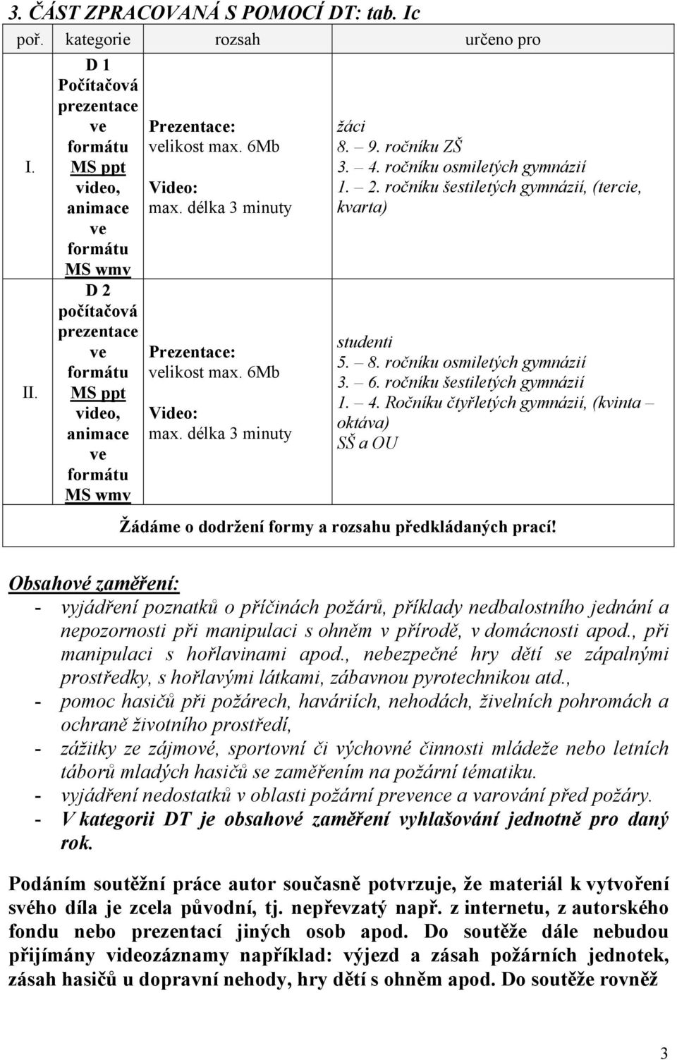 6Mb Video: max. délka 3 minuty 8. 9. ročníku ZŠ 3. 4. ročníku osmiletých gymnázií 1. 2. ročníku šestiletých gymnázií, (tercie, kvarta) studenti 5. 8. ročníku osmiletých gymnázií 3. 6.