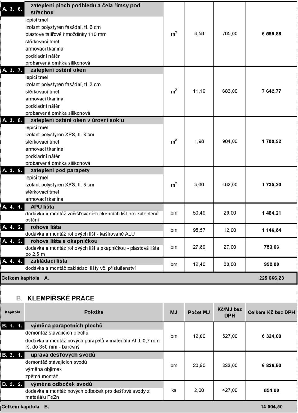 APU lišta dodávka a montáž začišťovacích okenních lišt pro zateplená ostění A. 4. 2. rohová lišta dodávka a montáž rohových lišt - kaširované ALU A. 4. 3.