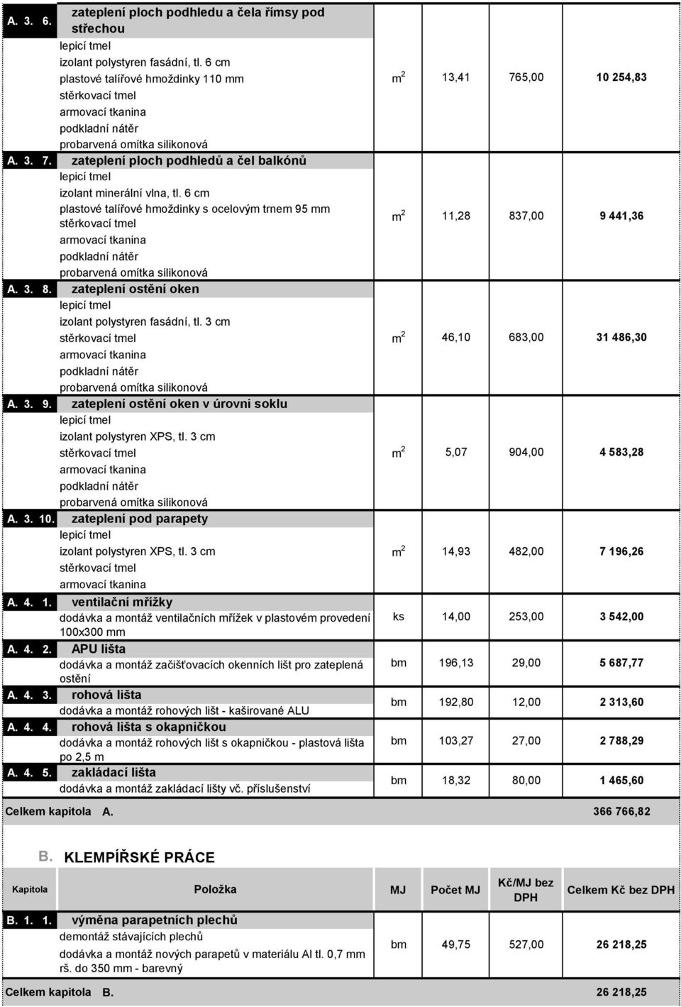 3 cm A. 3. 10. zateplení pod parapety izolant polystyren XPS, tl. 3 cm A. 4. 1. ventilační mřížky dodávka a montáž ventilačních mřížek v plastovém provedení 100x300 mm A. 4. 2.