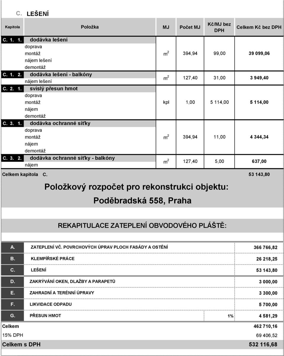 53 143,80 Položkový rozpočet pro rekonstrukci objektu: REKAPITULACE ZATEPLENÍ OBVODOVÉHO PLÁŠTĚ: A. C. D. E. F. G. ZATEPLENÍ VČ.