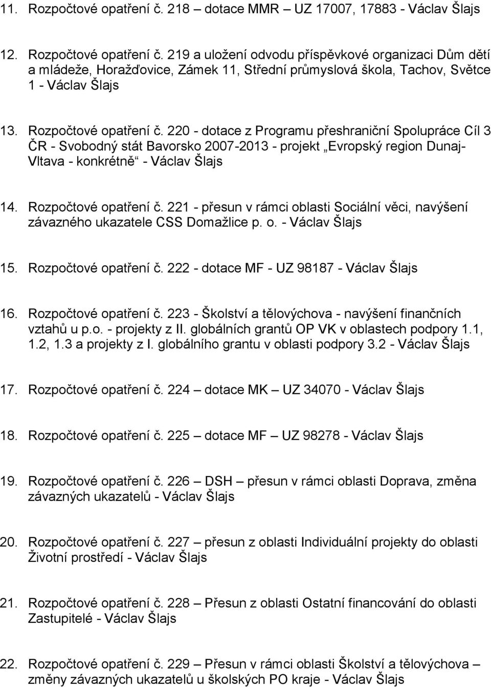 Rozpočtové opatření č. 221 - přesun v rámci oblasti Sociální věci, navýšení závazného ukazatele CSS Domažlice p. o. - Václav Šlajs 15. Rozpočtové opatření č.