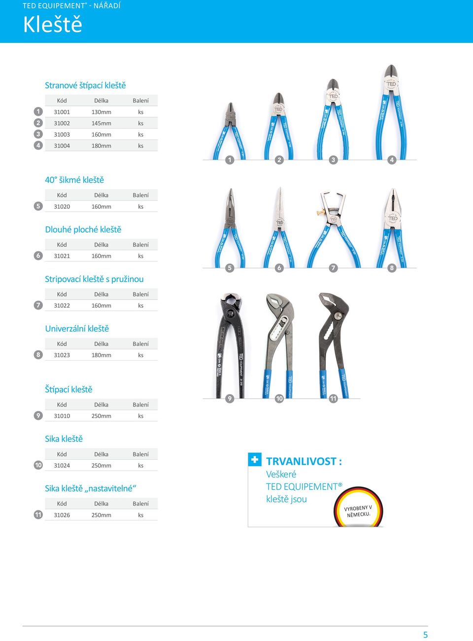 31022 160mm ks 5 6 7 8 8 Univerzální kleště Kód Délka Balení 31023 180mm ks 9 Štípací kleště Kód Délka Balení 31010 250mm ks 9 10 11 Sika kleště Kód