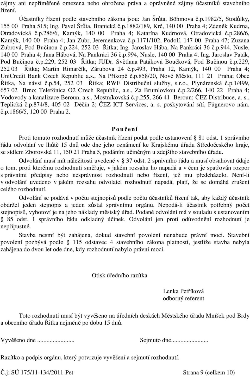 p.1171/102, Podolí, 147 00 Praha 47; Zuzana Zubrová, Pod Bučinou č.p.224, 252 03 Řitka; Ing. Jaroslav Hába, Na Pankráci 36 č.p.944, Nusle, 140 00 Praha 4; Jana Hábová, Na Pankráci 36 č.p.994, Nusle, 140 00 Praha 4; Ing.