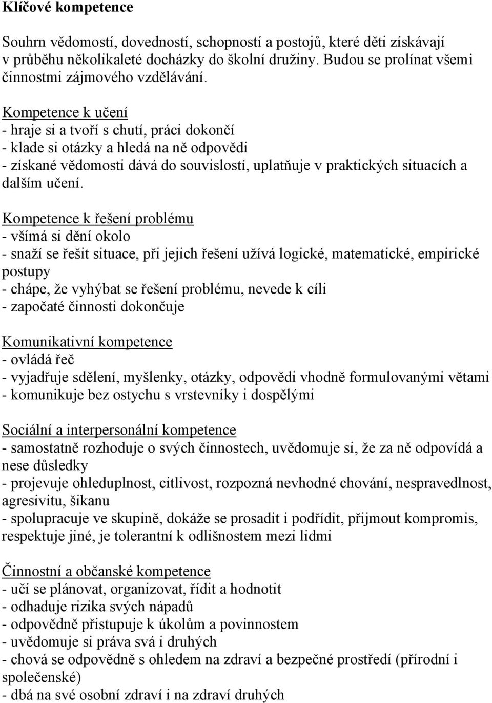 Kompetence k řešení problému - všímá si dění okolo - snaží se řešit situace, při jejich řešení užívá logické, matematické, empirické postupy - chápe, že vyhýbat se řešení problému, nevede k cíli -