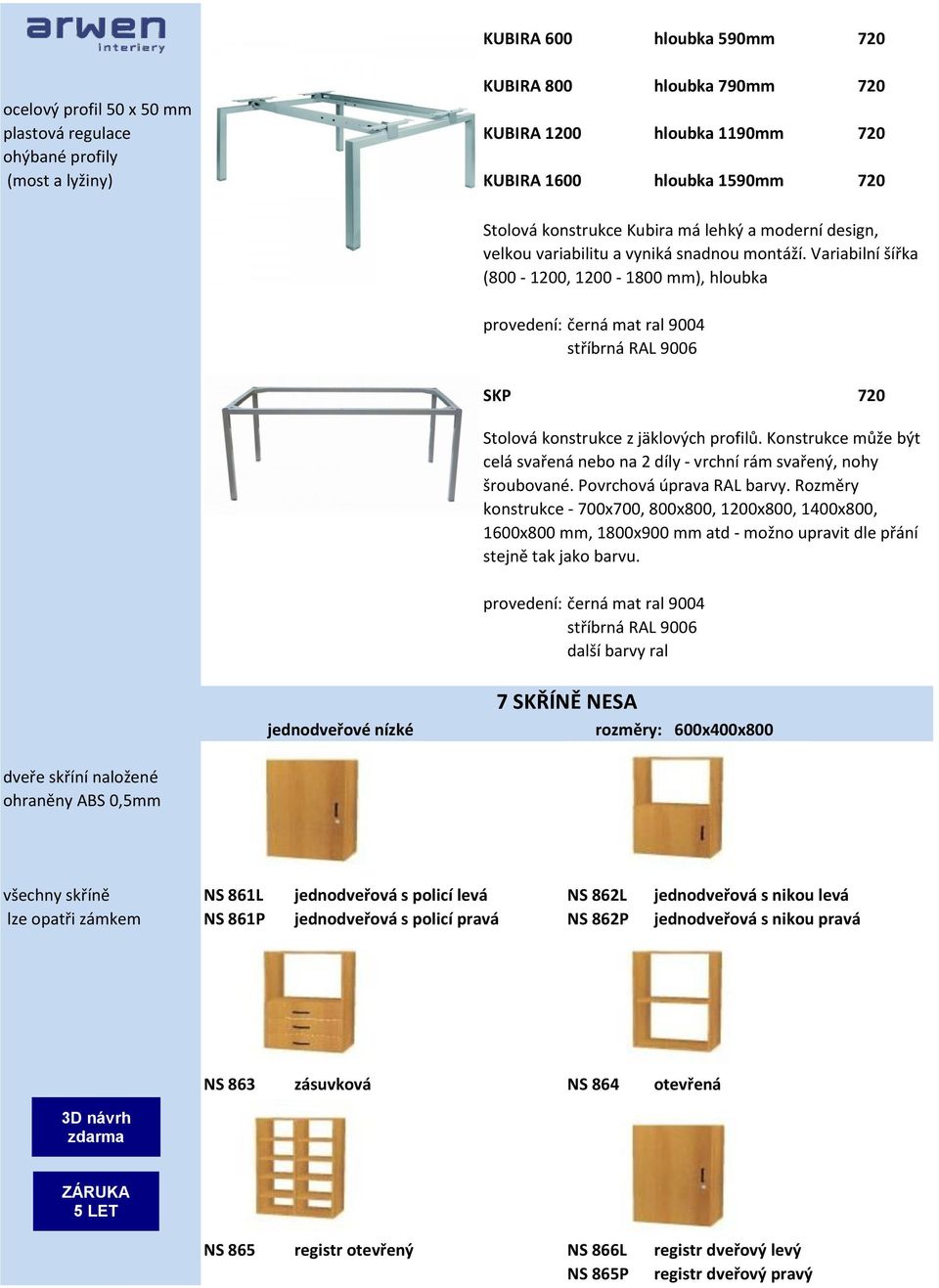 Variabilní šířka (800-1200, 1200-1800 mm), hloubka provedení: černá mat ral 9004 stříbrná RAL 9006 SKP 720 Stolová konstrukce z jäklových profilů.