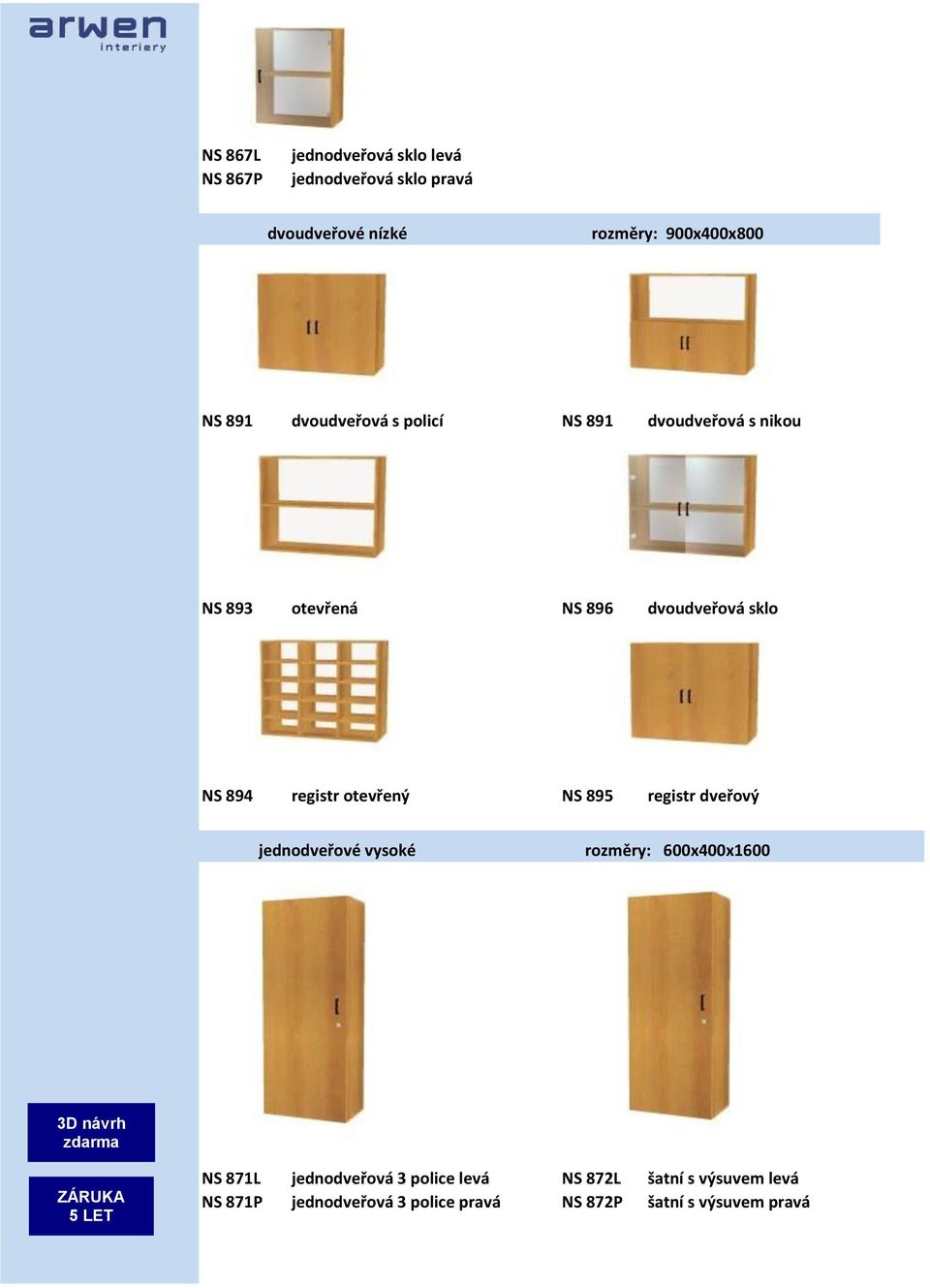 registr otevřený NS 895 registr dveřový jednodveřové vysoké rozměry: 600x400x1600 NS 871L jednodveřová