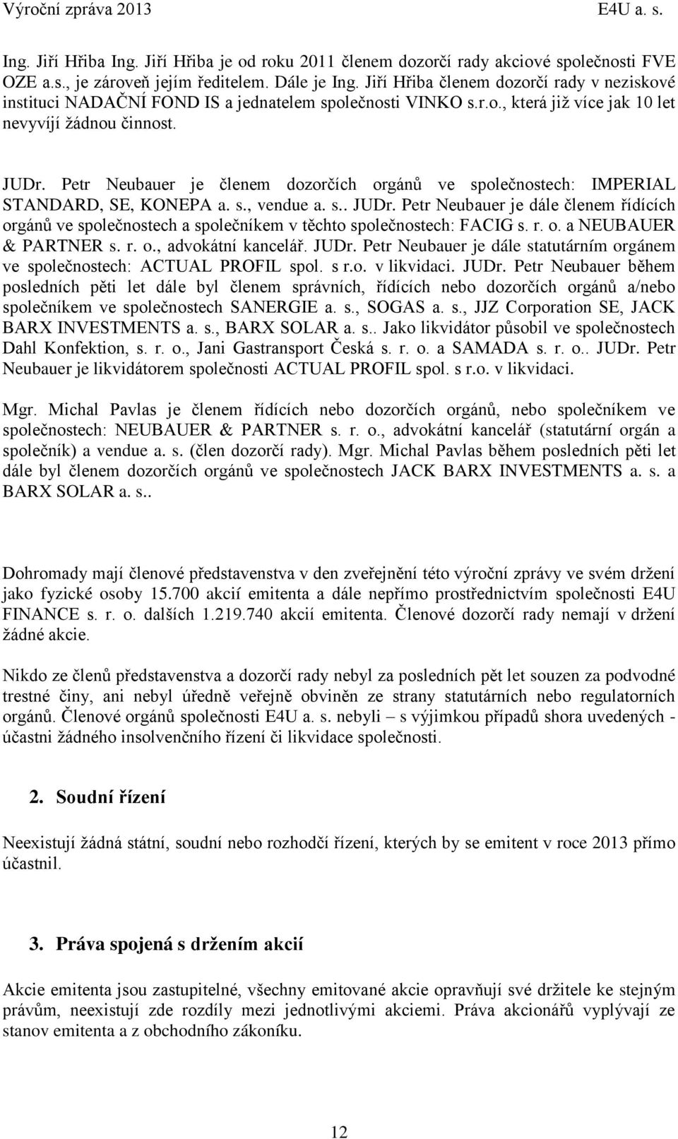 Petr Neubauer je členem dozorčích orgánů ve společnostech: IMPERIAL STANDARD, SE, KONEPA a. s., vendue a. s.. JUDr.