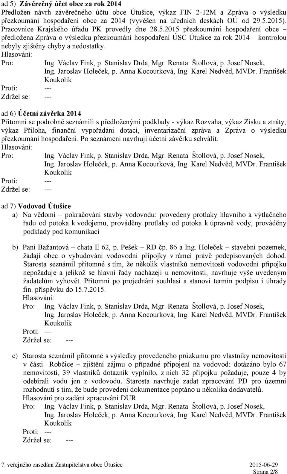 2015 přezkoumání hospodaření obce předložena Zpráva o výsledku přezkoumání hospodaření ÚSC Útušice za rok 2014 kontrolou nebyly zjištěny chyby a nedostatky.