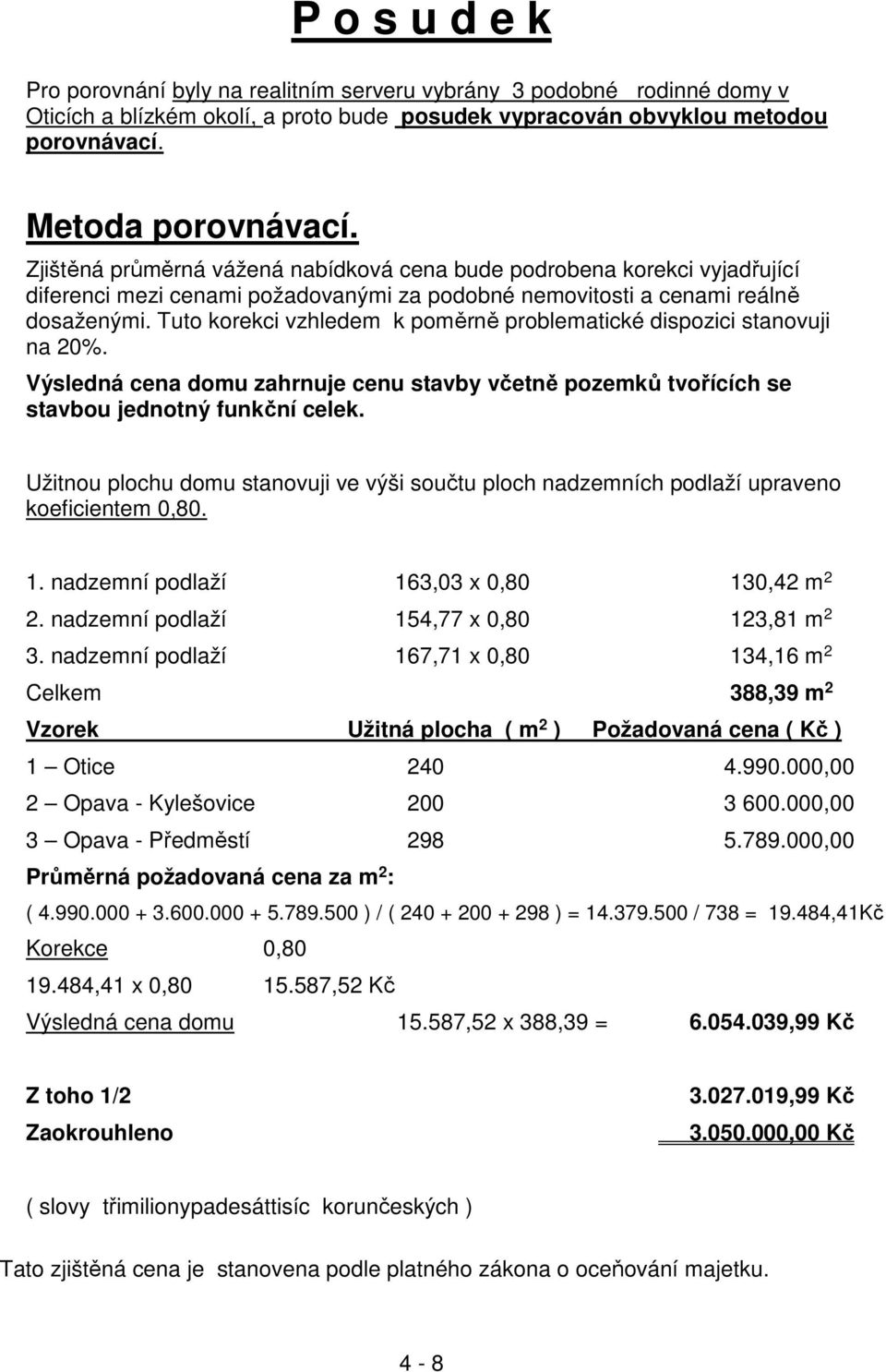 Tuto korekci vzhledem k poměrně problematické dispozici stanovuji na 20%. Výsledná cena domu zahrnuje cenu stavby včetně pozemků tvořících se stavbou jednotný funkční celek.