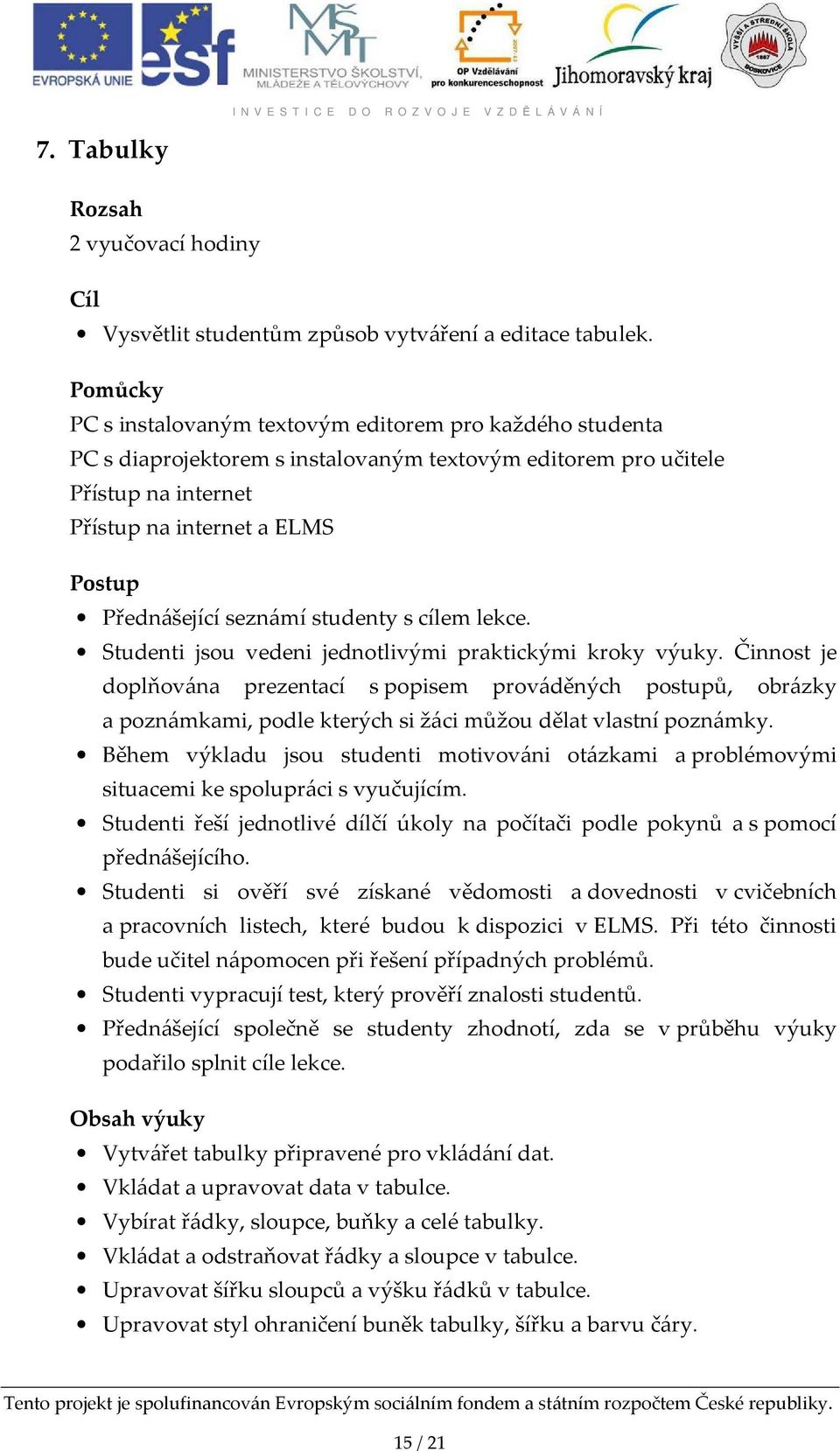 seznámí studenty s cílem lekce. Studenti jsou vedeni jednotlivými praktickými kroky výuky.