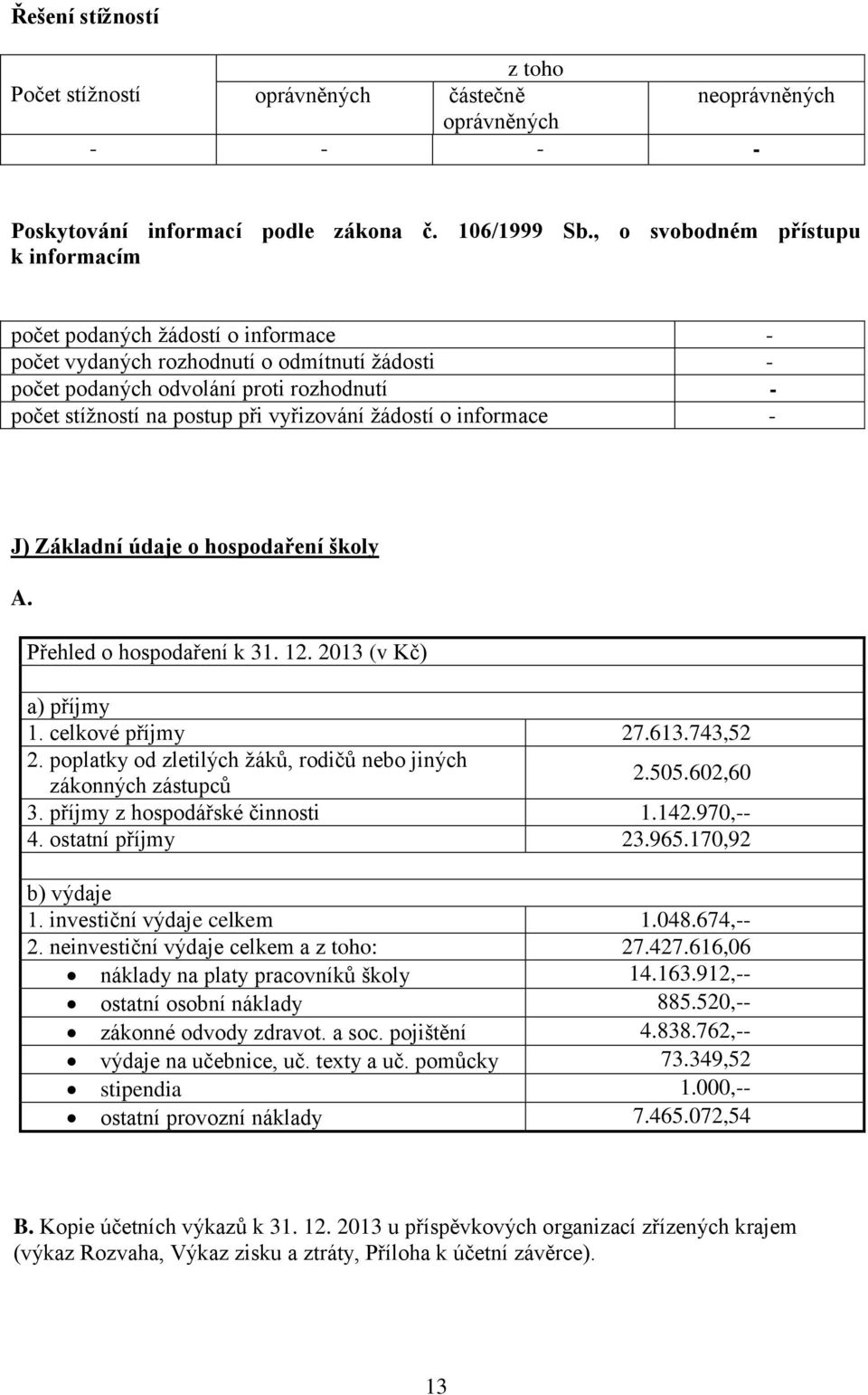 vyřizování žádostí o informace - J) Základní údaje o hospodaření školy A. Přehled o hospodaření k 31. 12. 2013 (v Kč) a) příjmy 1. celkové příjmy 27.613.743,52 2.