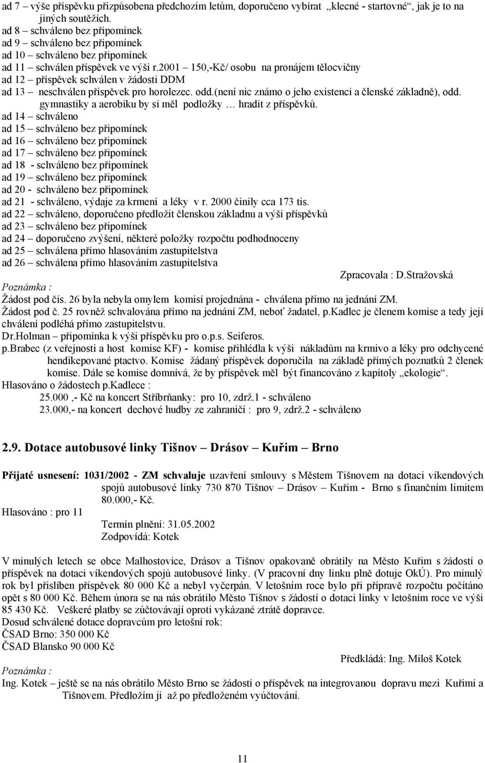 2001 150,-Kč/ osobu na pronájem tělocvičny ad 12 příspěvek schválen v žádosti DDM ad 13 neschválen příspěvek pro horolezec. odd.(není nic známo o jeho existenci a členské základně), odd.
