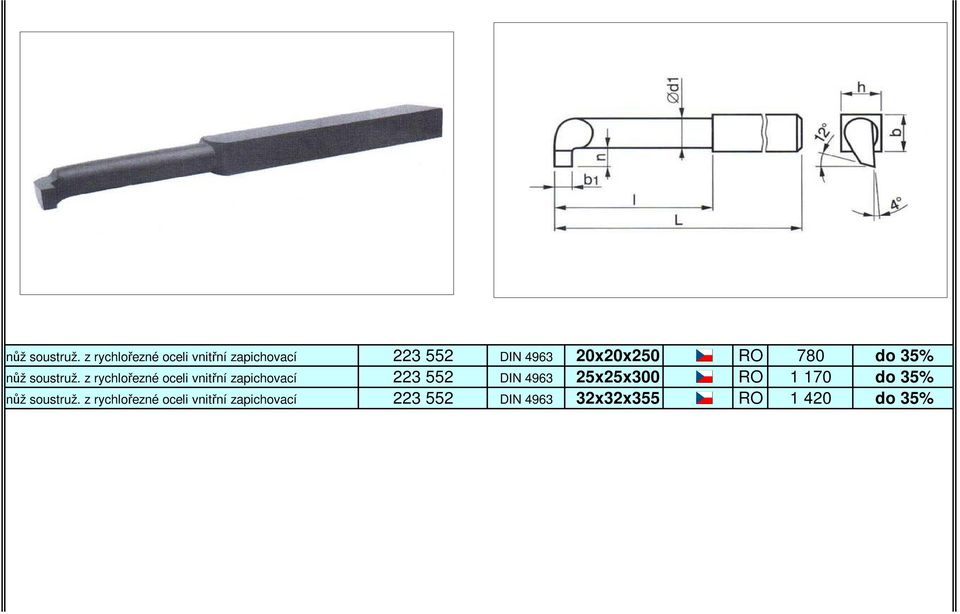 780 do 35%  z rychlořezné oceli vnitřní zapichovací 223 552 DIN 4963