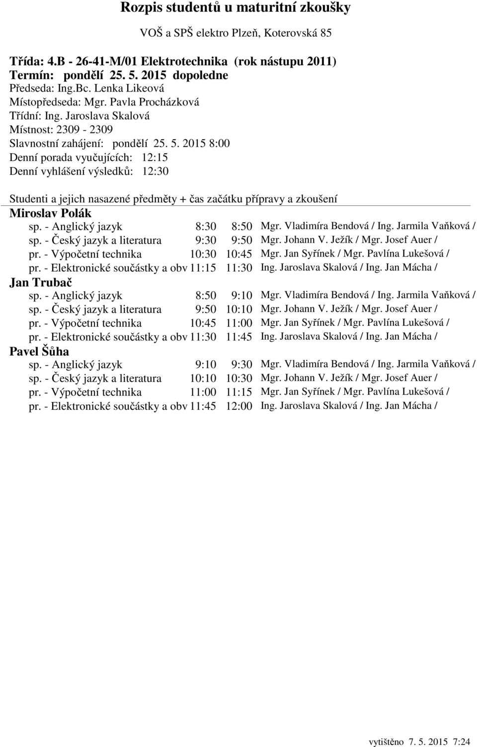 - Elektronické součástky a obv 11:15 11:30 Ing. Jaroslava Skalová / Ing. Jan Mácha / Jan Trubač sp. - Anglický jazyk 8:50 9:10 Mgr. Vladimíra Bendová / Ing. Jarmila Vaňková / sp.