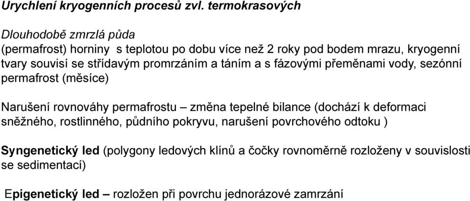 střídavým promrzáním a táním a s fázovými přeměnami vody, sezónní permafrost (měsíce) Narušení rovnováhy permafrostu změna tepelné bilance