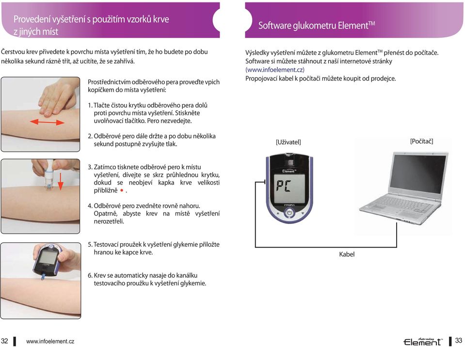 Prostřednictvím odběrového pera proveďte vpich kopíčkem do místa vyšetření: Software glukometru Element TM Výsledky vyšetření můžete z glukometru Element TM přenést do počítače.