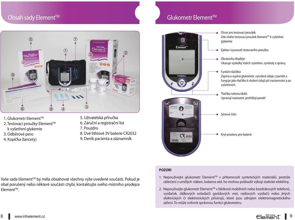 Tlačítka nahoru/dolů: Upravují nastavení, prohlížejí paměť 1. Glukometr Element TM 2. Testovací proužky Element TM k vyšetření glykemie 3. Odběrové pero 4. Kopíčka (lancety) 5. Uživatelská příručka 6.