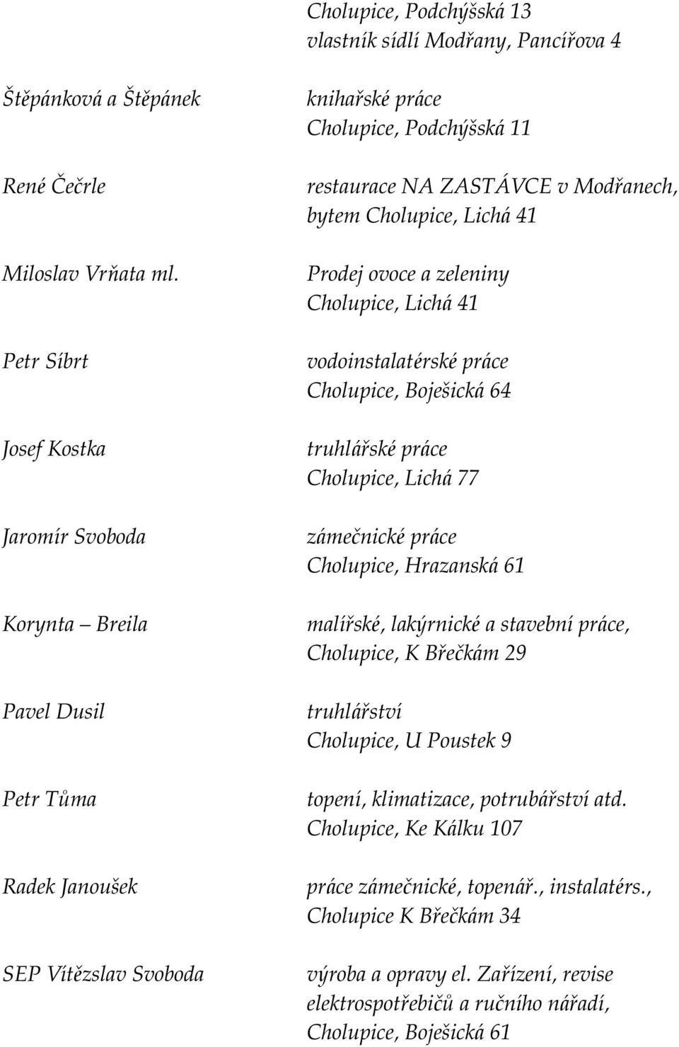 Cholupice, Lichá 41 Prodej ovoce a zeleniny Cholupice, Lichá 41 vodoinstalaté rské práce Cholupice, Boješická 64 truhlářské práce Cholupice, Lichá 77 zámečnické práce Cholupice, Hrazanská 61
