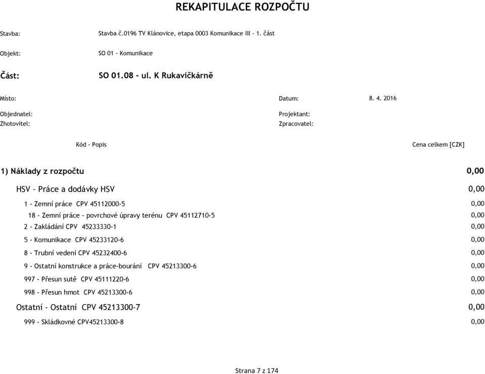 2016 Objednatel: Projektant: Zhotovitel: Zpracovatel: Kód - Popis Cena celkem [CZK] 1) Náklady z rozpočtu HSV - Práce a dodávky HSV 1 - Zemní práce CPV 45112000-5 18 -