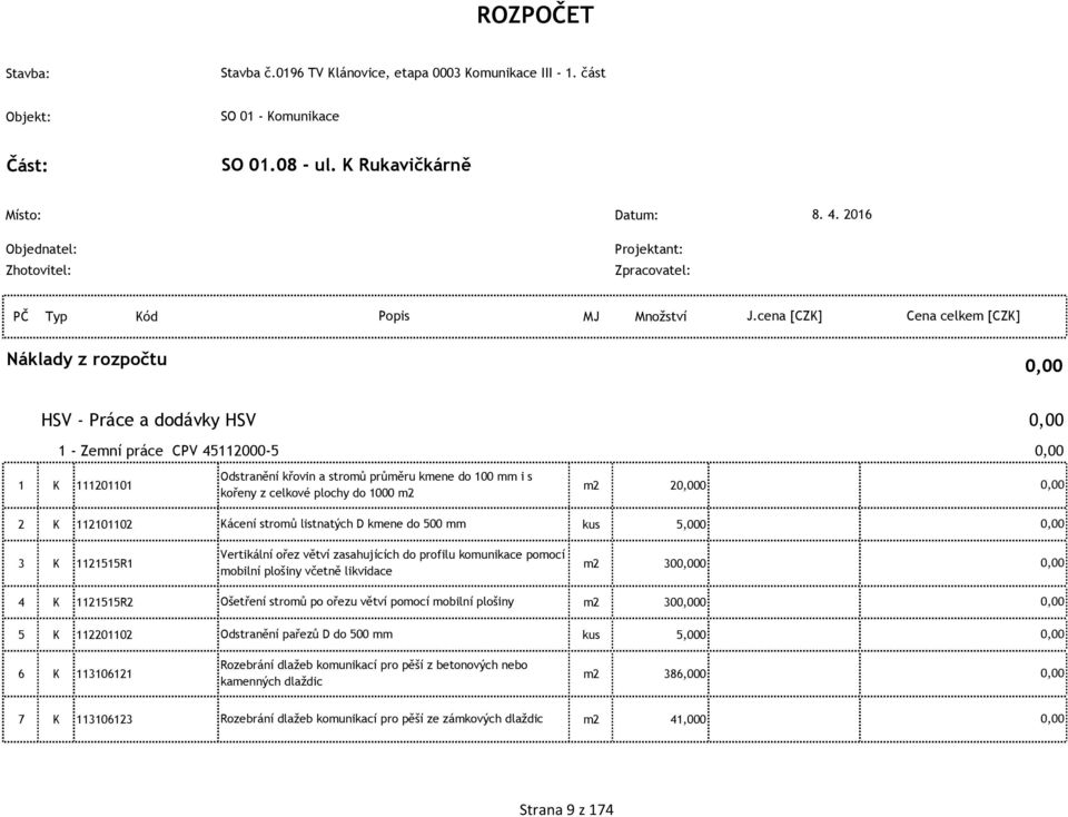 cena [CZK] Cena celkem [CZK] Náklady z rozpočtu HSV - Práce a dodávky HSV 1 - Zemní práce CPV 45112000-5 Odstranění křovin a stromů průměru kmene do 100 mm i s 1 K 111201101 m2 20 kořeny z celkové