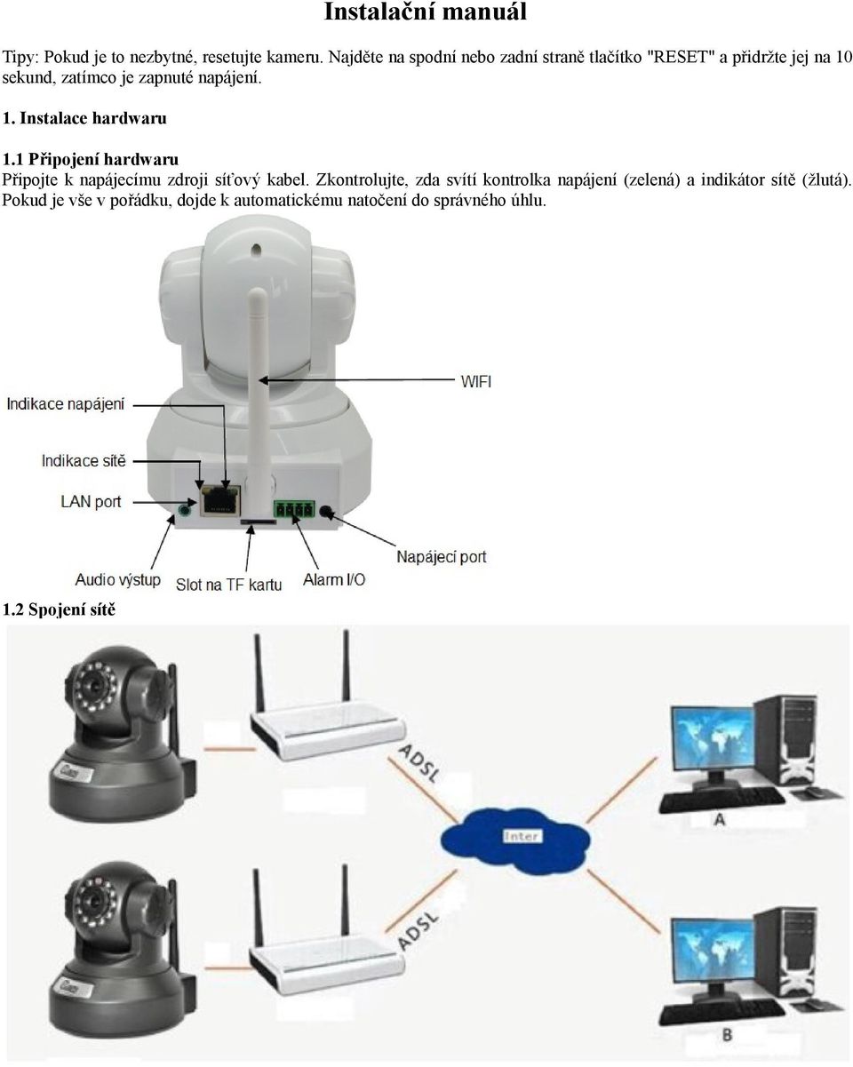 napájení. 1. Instalace hardwaru 1.1 Připojení hardwaru Připojte k napájecímu zdroji síťový kabel.