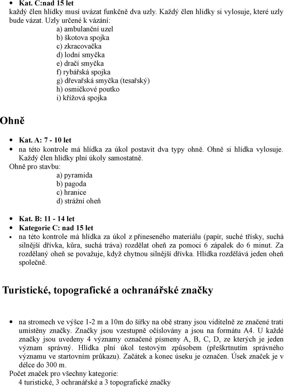 Kat. A: 7-10 let na této kontrole má hlídka za úkol postavit dva typy ohně. Ohně si hlídka vylosuje. Každý člen hlídky plní úkoly samostatně.