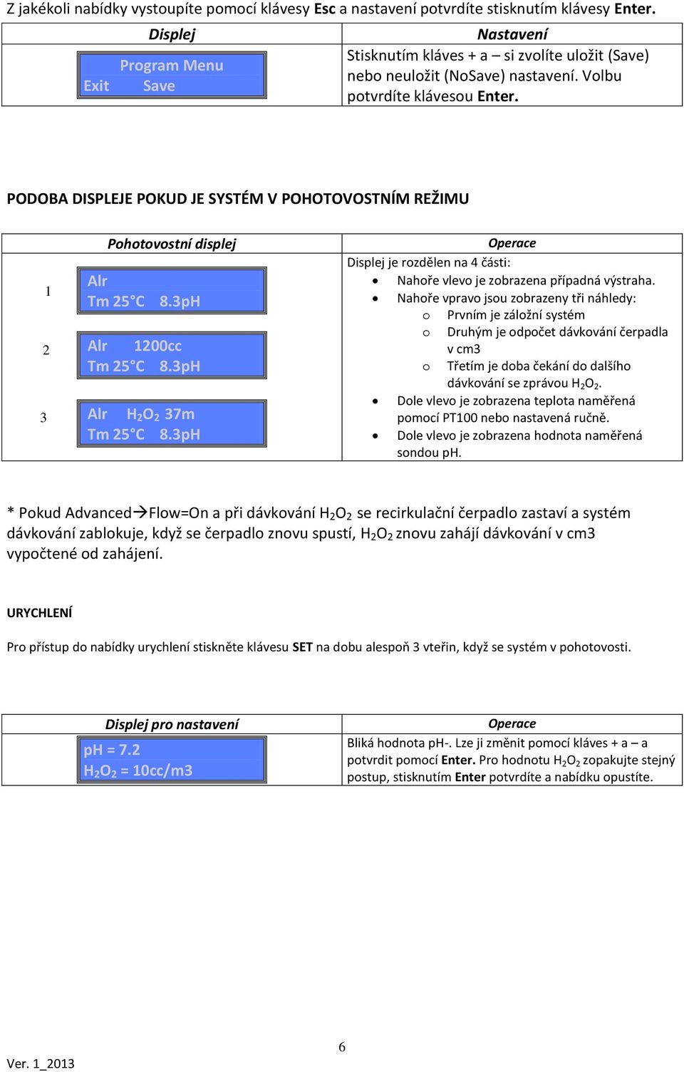 PODOBA DISPLEJE POKUD JE SYSTÉM V POHOTOVOSTNÍM REŽIMU 1 2 3 Pohotovostní displej Alr Tm 25 C 8.3pH Alr 1200cc Tm 25 C 8.3pH Alr H 2 O 2 37m Tm 25 C 8.