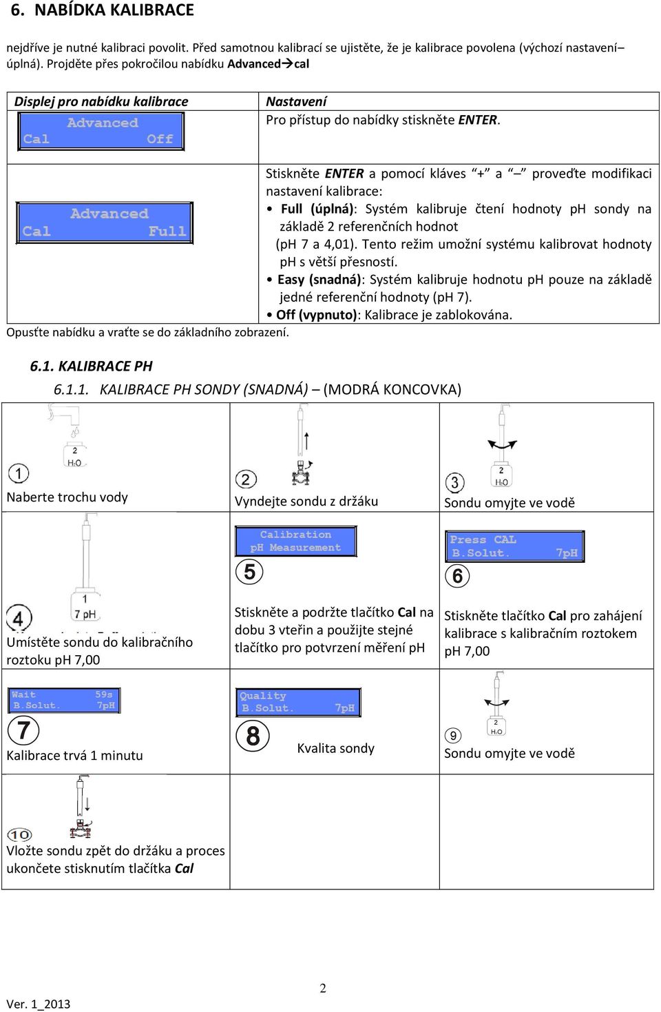 Stiskněte ENTER a pomocí kláves + a proveďte modifikaci nastavení kalibrace: Full (úplná): Systém kalibruje čtení hodnoty ph sondy na základě 2 referenčních hodnot (ph 7 a 4,01).