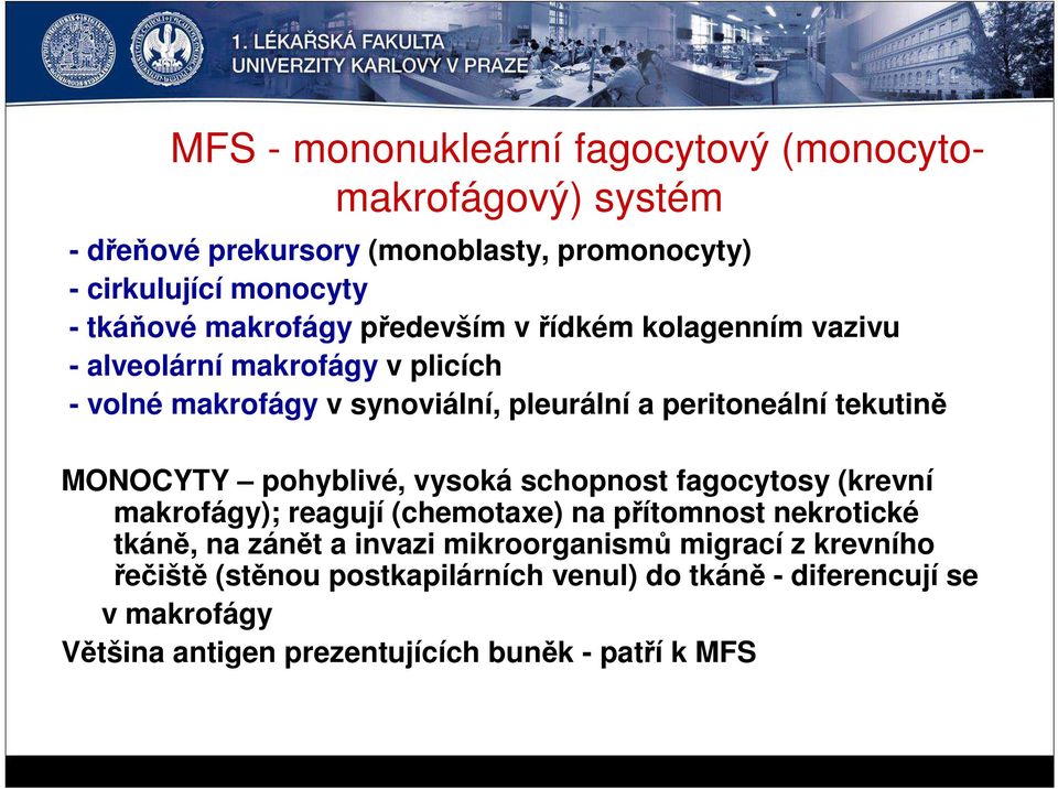 MONOCYTY pohyblivé, vysoká schopnost fagocytosy (krevní makrofágy); reagují (chemotaxe) na přítomnost nekrotické tkáně, na zánět a invazi