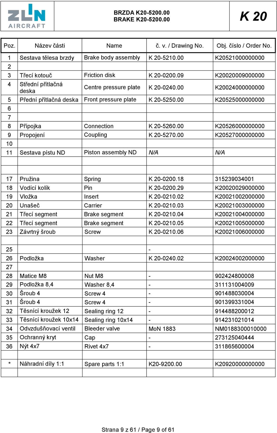 00 K20024000000000 5 Přední přítlačná deska Front pressure plate K 20-5250.00 K20525000000000 6 7 8 Přípojka Connection K 20-5260.00 K20526000000000 9 Propojení Coupling K 20-5270.