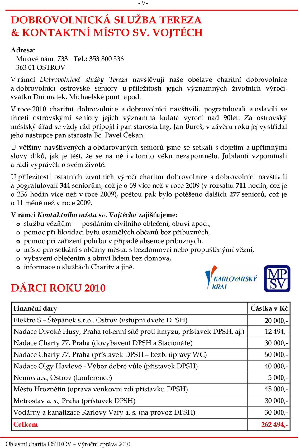 svátku Dni matek, Michaelské pouti apod. V roce 2010 charitní dobrovolnice a dobrovolníci navštívili, pogratulovali a oslavili se třiceti ostrovskými seniory jejich významná kulatá výročí nad 90let.