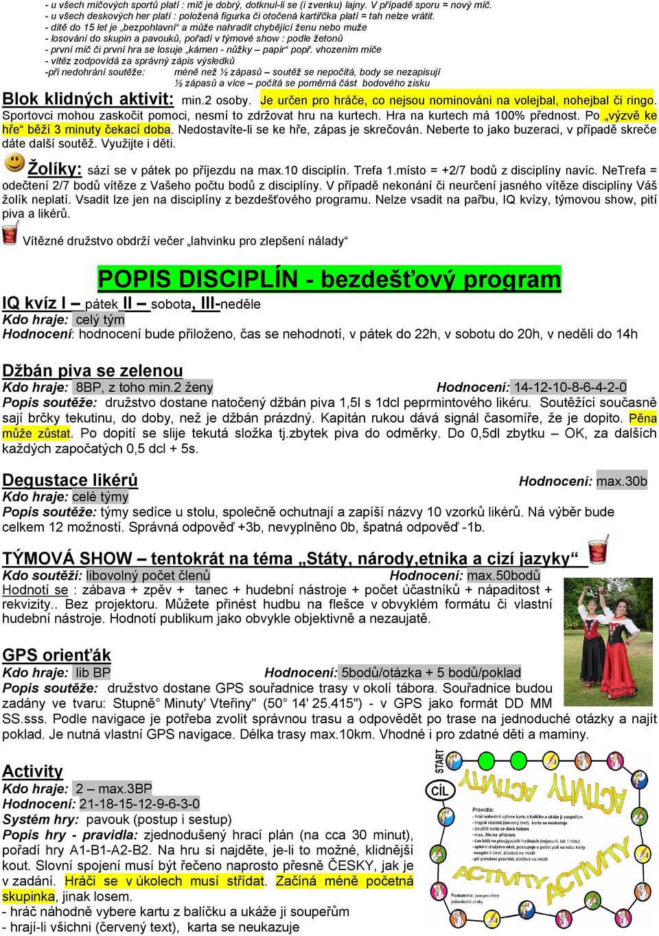 - dítě do 15 let je bezpohlavní a může nahradit chybějící ženu nebo muže - losování do skupin a pavouků, pořadí v týmové show : podle žetonů - první míč či první hra se losuje kámen - nůžky papír