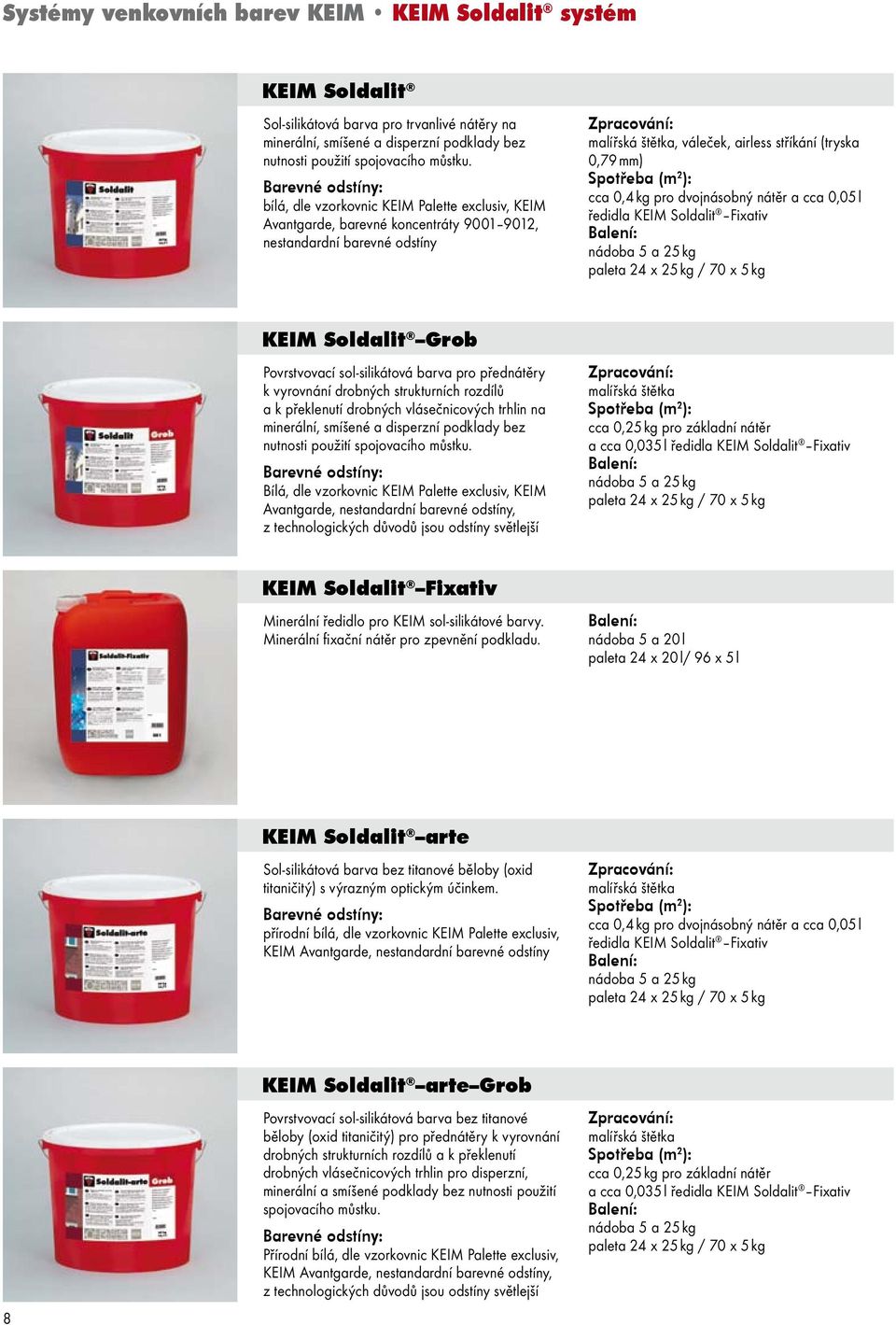 dvojnásobný nátěr a cca 0,05 l ředidla KEIM Soldalit Fixativ nádoba 5 a 25 kg paleta 24 x 25 kg / 70 x 5 kg KEIM Soldalit Grob Povrstvovací sol-silikátová barva pro přednátěry k vyrovnání drobných