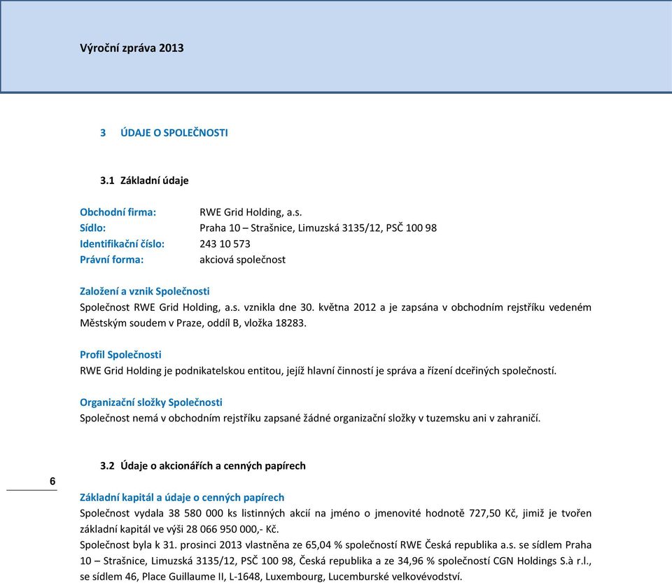 května 2012 a je zapsána v obchodním rejstříku vedeném Městským soudem v Praze, oddíl B, vložka 18283.