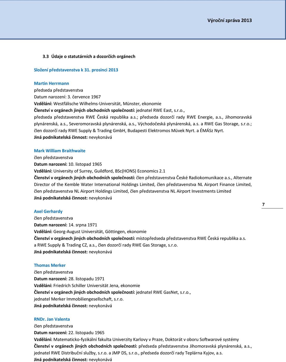 s.; předseda dozorčí rady RWE Energie, a.s., Jihomoravská plynárenská, a.s., Severomoravská plynárenská, a.s., Východočeská plynárenská, a.s. a RWE Gas Storage, s.r.o.; člen dozorčí rady RWE Supply & Trading GmbH, Budapesti Elektromos Müvek Nyrt.
