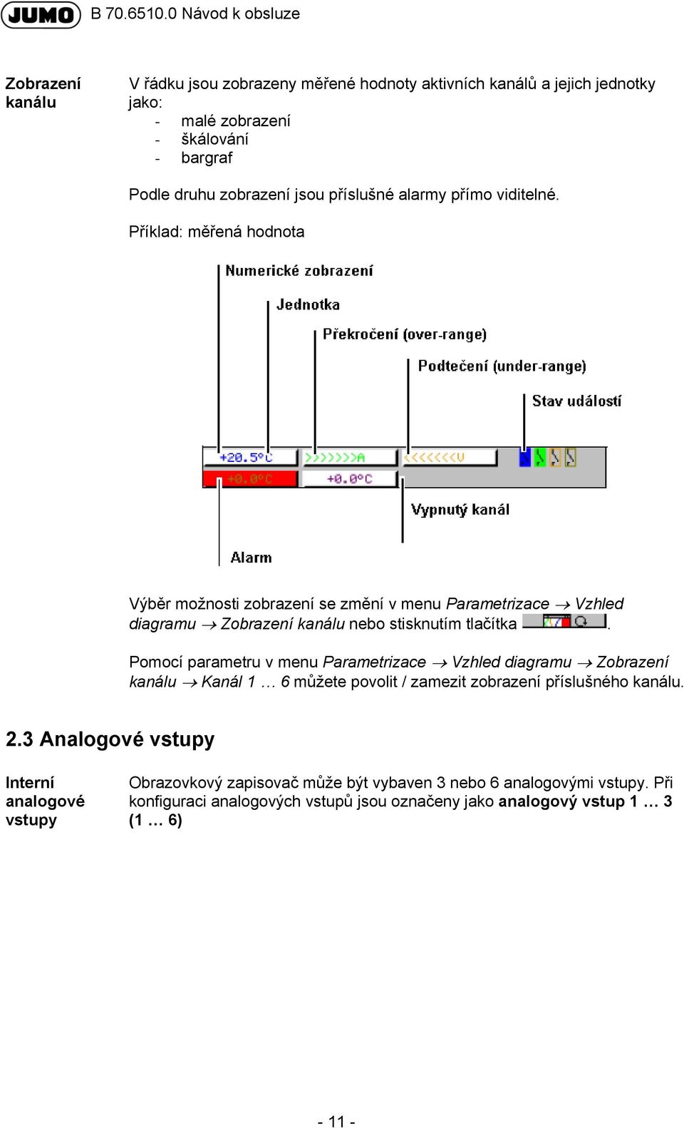 Příklad: měřená hodnota Výběr možnosti zobrazení se změní v menu Parametrizace Vzhled diagramu Zobrazení kanálu nebo stisknutím tlačítka.